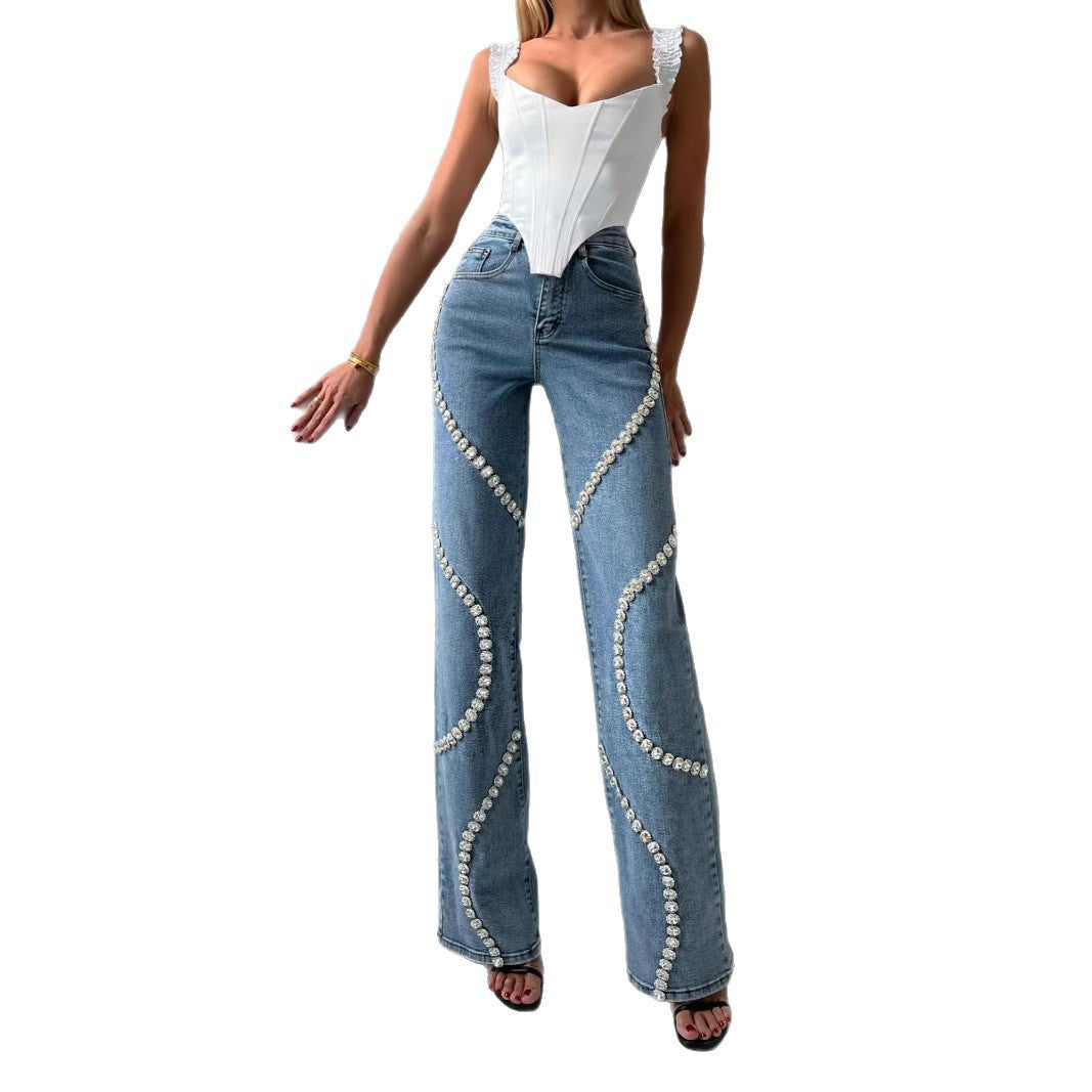 Jean Femme Droit à Strass Style Tendance Européen et Américain