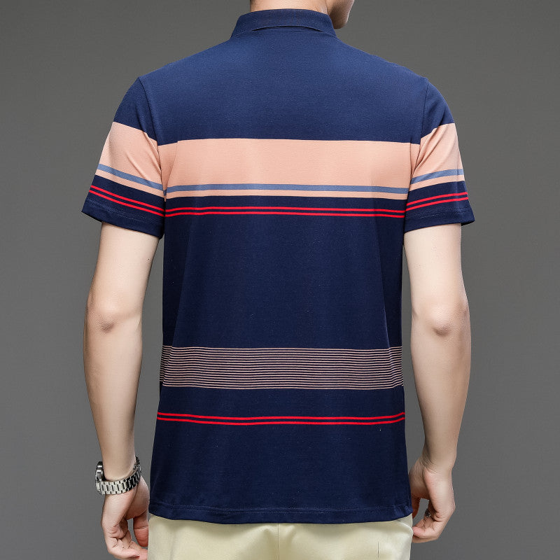 T-shirt homme exclusif en coton, manches courtes brodées, rayé, col polo décontracté, grande taille, modèle estival.