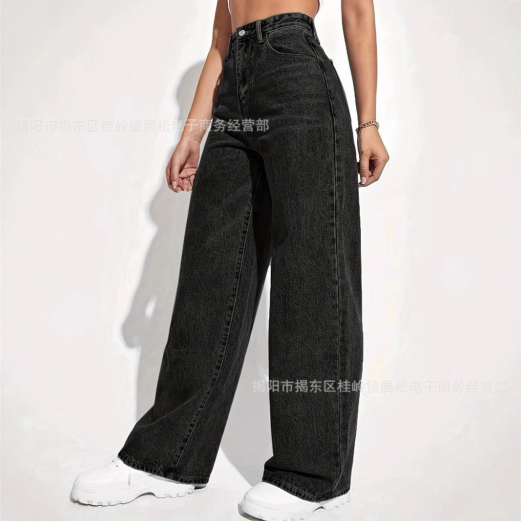 Jean droit femme Coupe large, effet délavé vintage, style rétro décontracté, pantalon polyvalent mode
