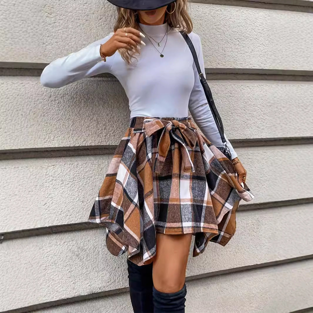 Amazon cross-border Europe and the United States 2024 autumn/winter new women's casual skirt spliced plaid belt skirt