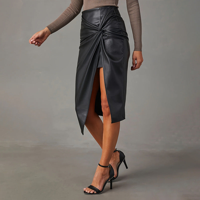 Jupe Sexy en Simili-Cuir Effet Miroir Taille Haute & Fente Haute
