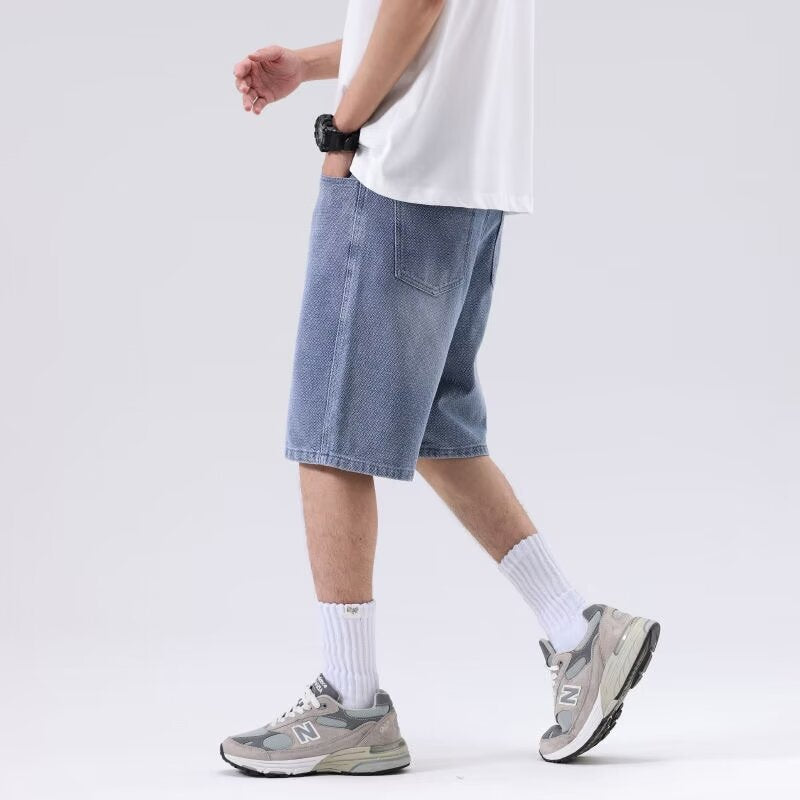 Summer new retro denim cropped shorts men's loose wide-leg niche design sense straight pants trend ins