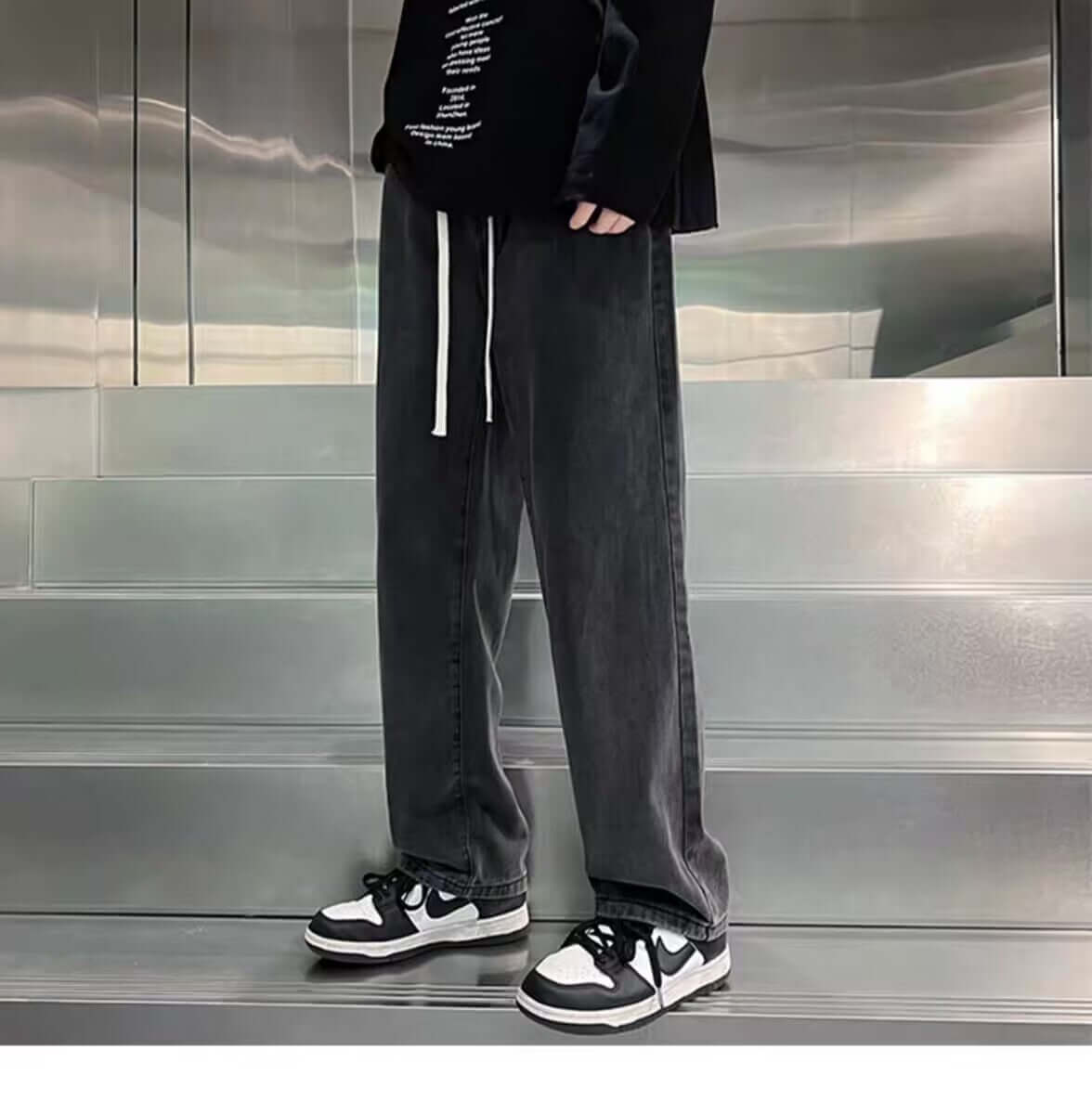 Shopee with black and gray jeans men's summer loose straight-leg trousers, trendy brand high street vibe style pants men
