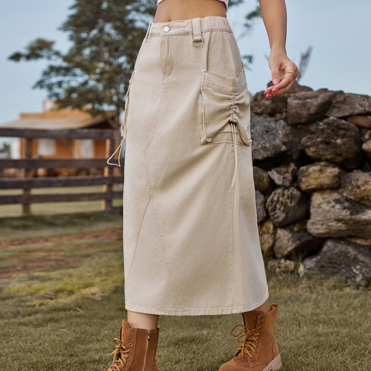 Jupe Midi en Jean Style Workwear Look Vintage Décontracté
