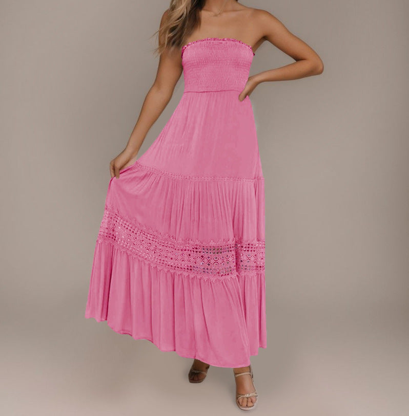 Robe longue sans manches, style bohème vintage, couleur unie, haut bandeau, taille cintrée et coupe élégante.