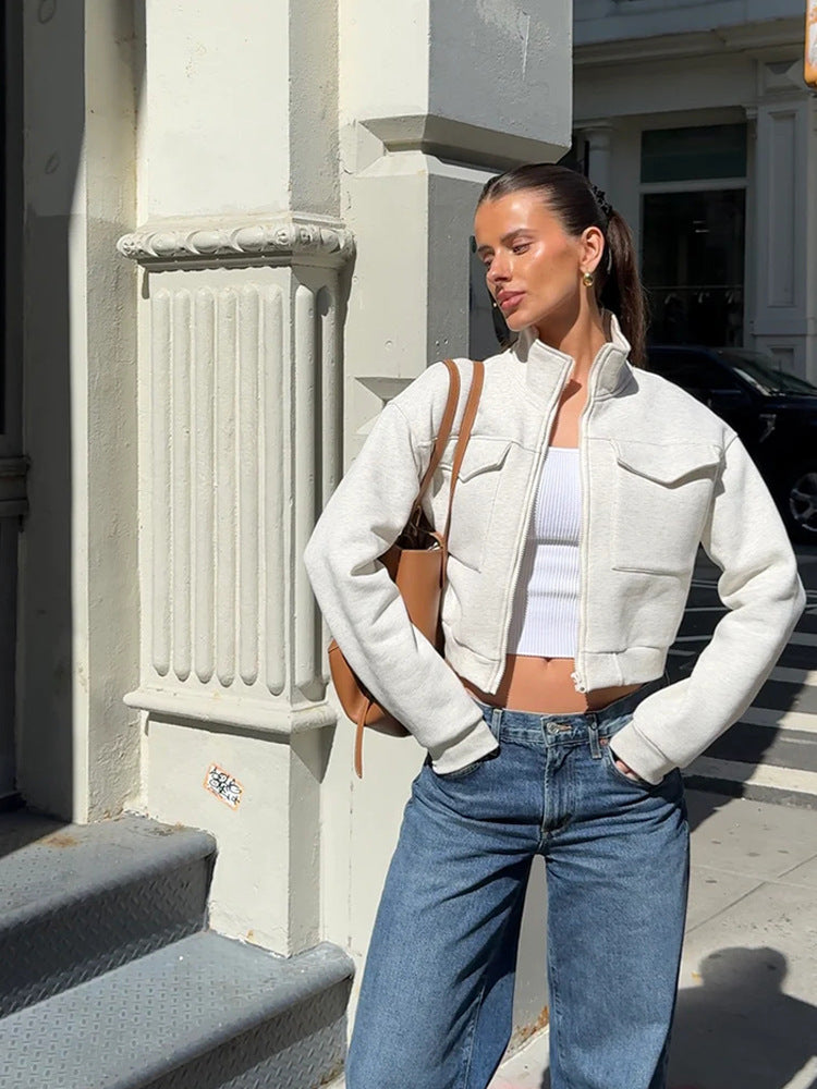 Veste Femme Décontractée Mode Européenne & Américaine, Uni, Fermeture Zippée, Manches Longues, Poches Décoratives