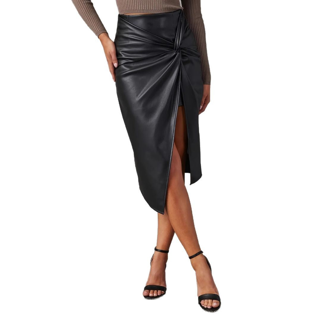 Jupe Sexy en Simili-Cuir Effet Miroir Taille Haute & Fente Haute