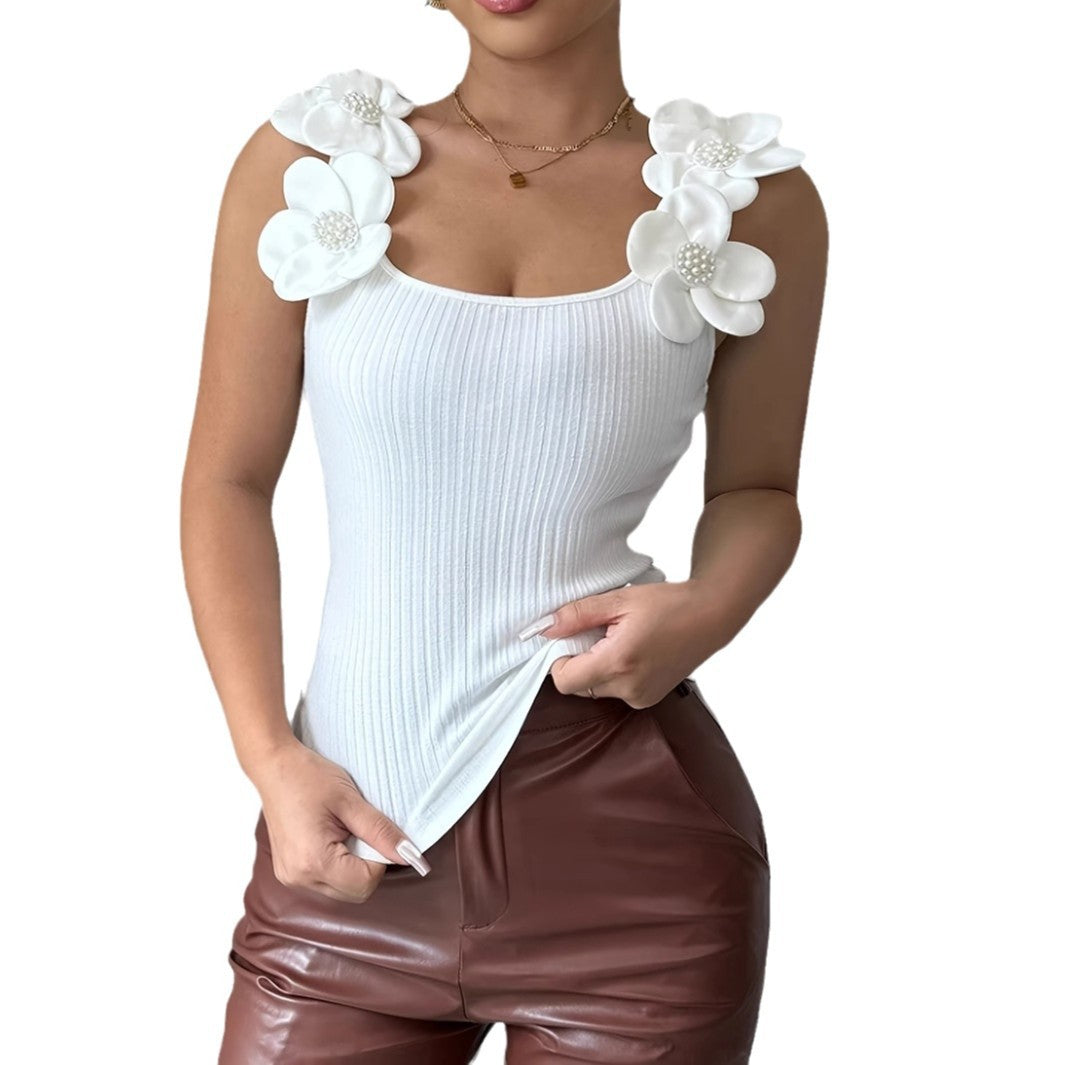 Top Tricoté Fleur 3D Élégant & Féminin Printemps/Été