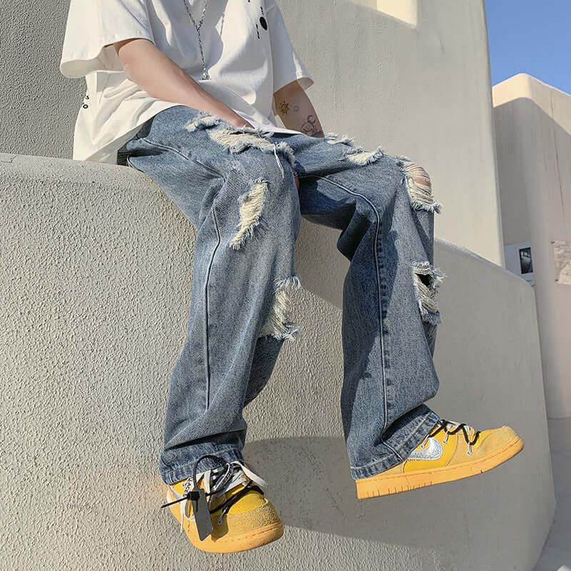 Ripped jeans, men's summer ins, high street, loose beggars, wide-leg pants, design sense, niche trendy brand straight pants