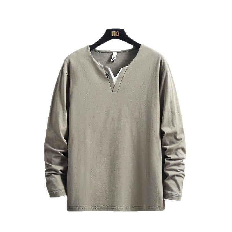 T-shirt col V à manches longues pour homme Effet 2-en-1, 100 % coton, style décontracté et moderne
