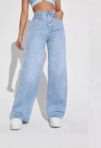 Jean droit femme Coupe large, effet délavé vintage, style rétro décontracté, pantalon polyvalent mode