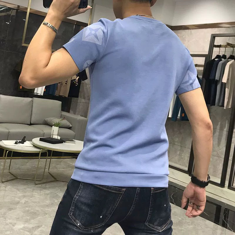 European station short sleeve men's t male couple wear 2025 spring and summer new personality hot brick print slim base