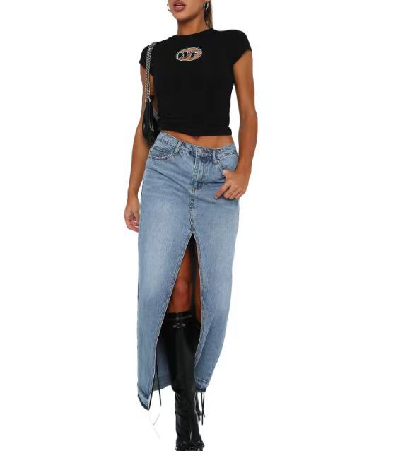 Jupe Longue en Jean avec Fente Taille Haute & Style Tendance