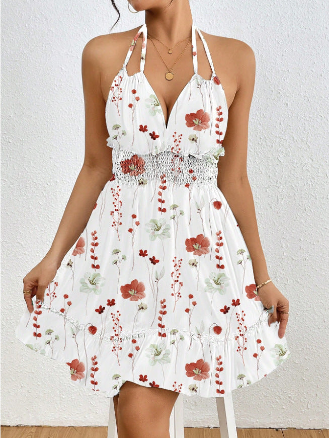 Robe femme imprimée, style européen et américain, coupe sexy avec bretelles fines et col halter.