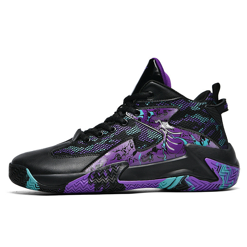 Baskets de basketball en mesh respirant, antidérapantes avec absorption des chocs, résistantes à l’usure, style ballon avec motif graffiti, sneakers jeunesse au style original.