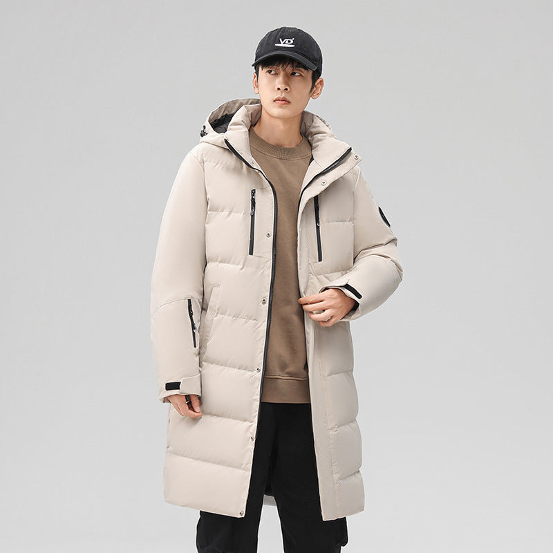 Medium length down jacket men's winter 2024 new trendy brand cold-proof thickened warm winter over-the-knee hooded jacket