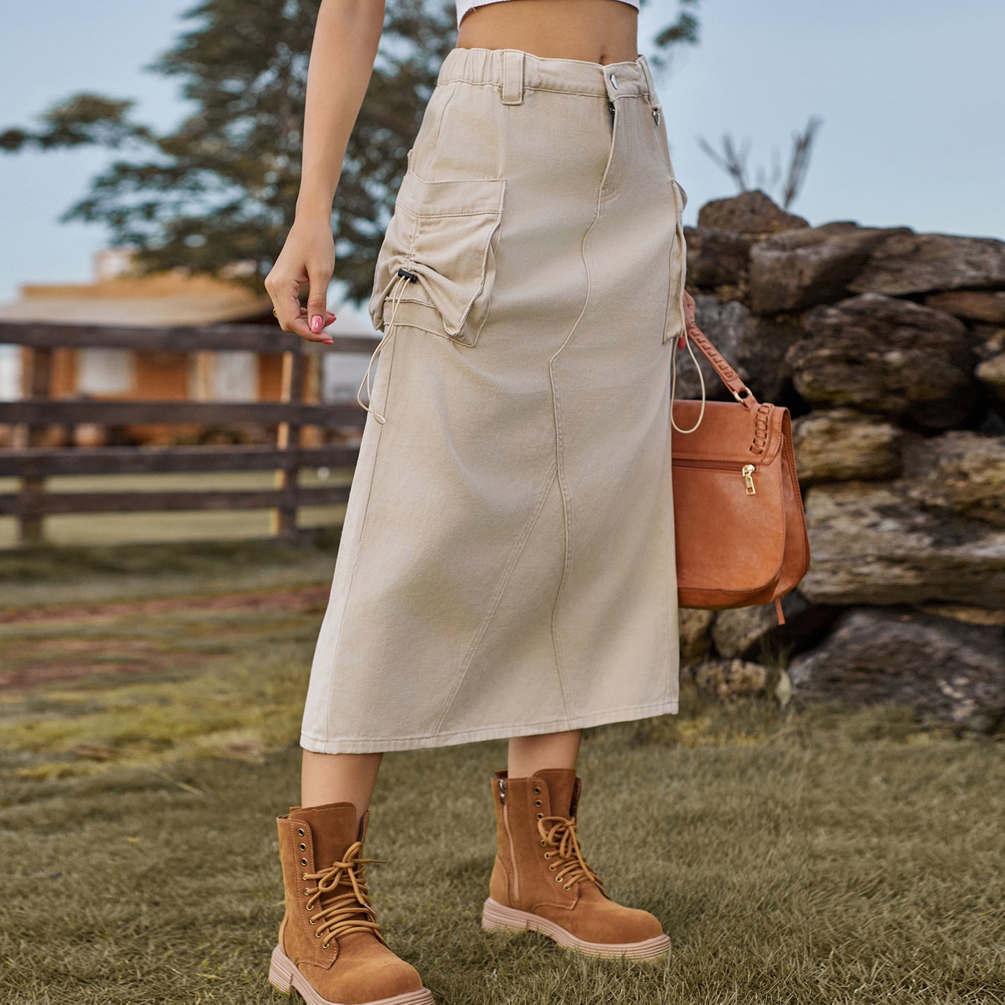 Jupe Midi en Jean Style Workwear Look Vintage Décontracté