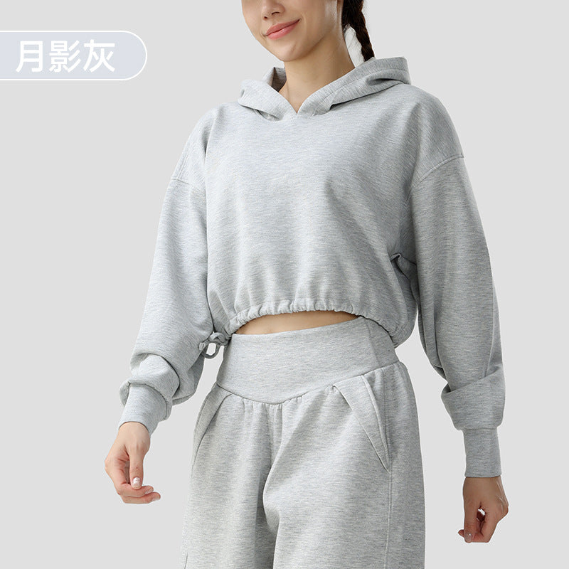 Sweat à capuche en tissu double pour femme Haut de survêtement ample et court, manches longues, parfait pour le running, le fitness ou l'entraînement en automne