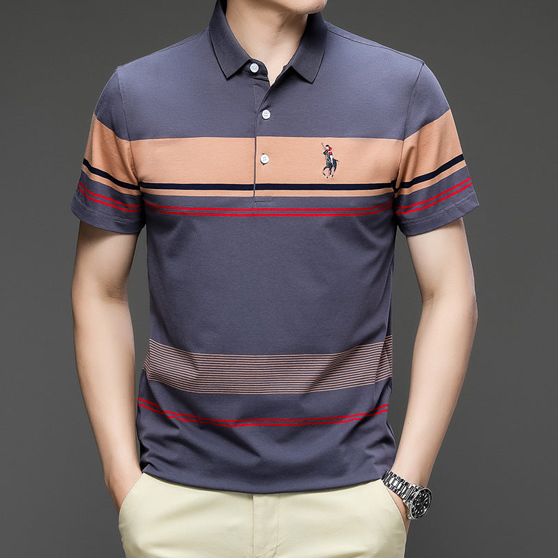 T-shirt homme exclusif en coton, manches courtes brodées, rayé, col polo décontracté, grande taille, modèle estival.