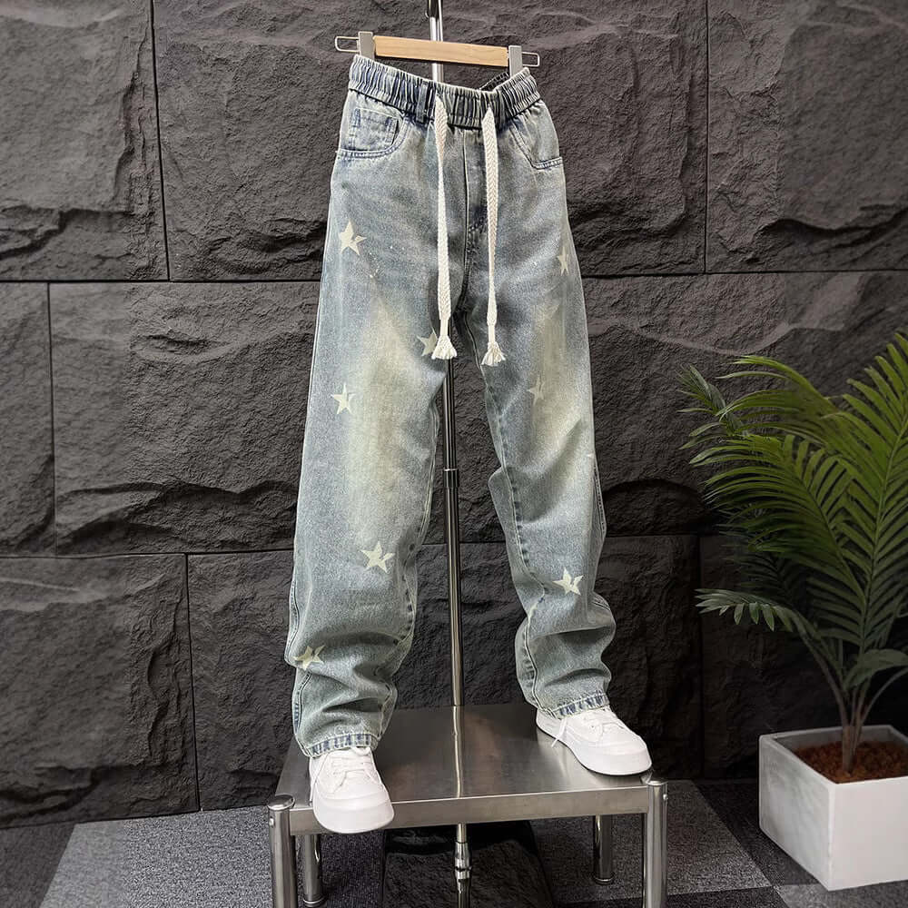 Loose straight leg jeans, men's spring, American, retro, trendy, casual trousers, men's trend, wide-leg, floor-length trousers