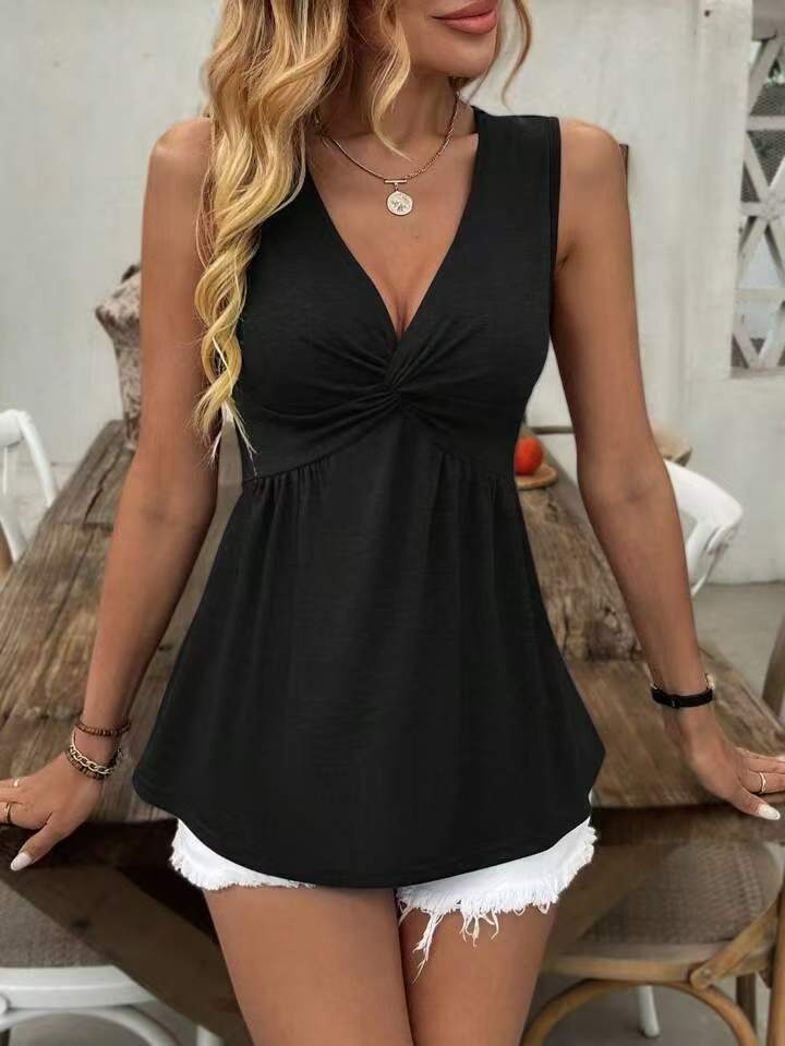 Débardeur Femme à Col V Style Élégant & Taille Plissée