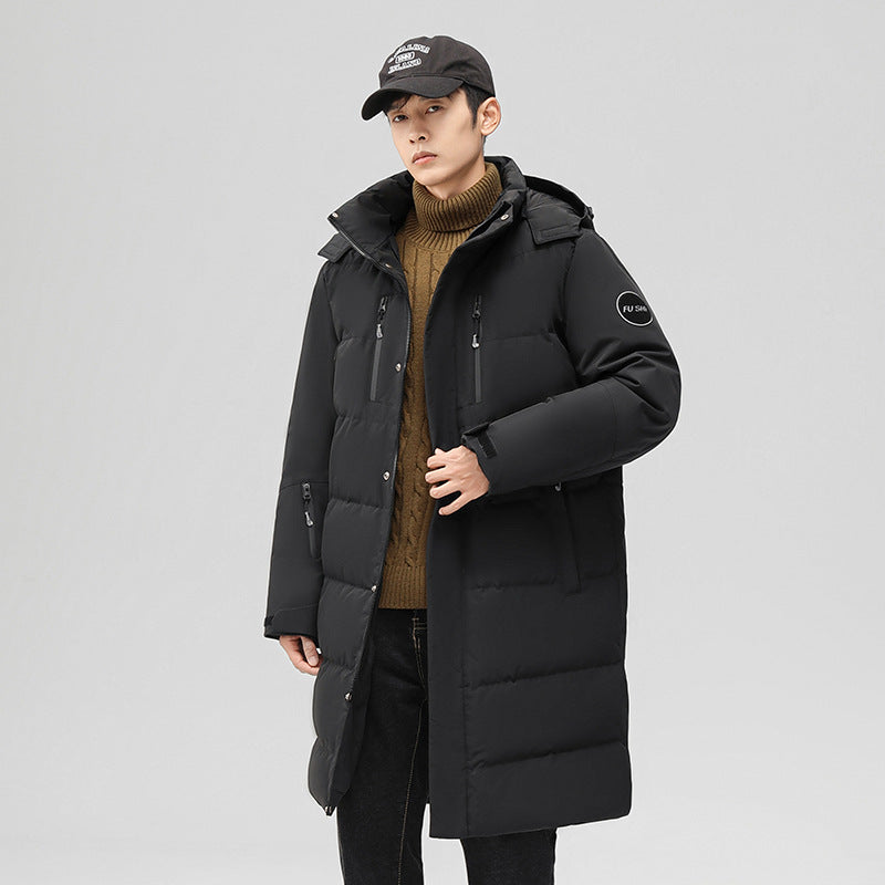 Medium length down jacket men's winter 2024 new trendy brand cold-proof thickened warm winter over-the-knee hooded jacket