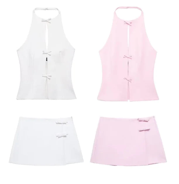 Ensemble Top Halter et Jupe à Nœud – Plusieurs Couleurs & Tailles