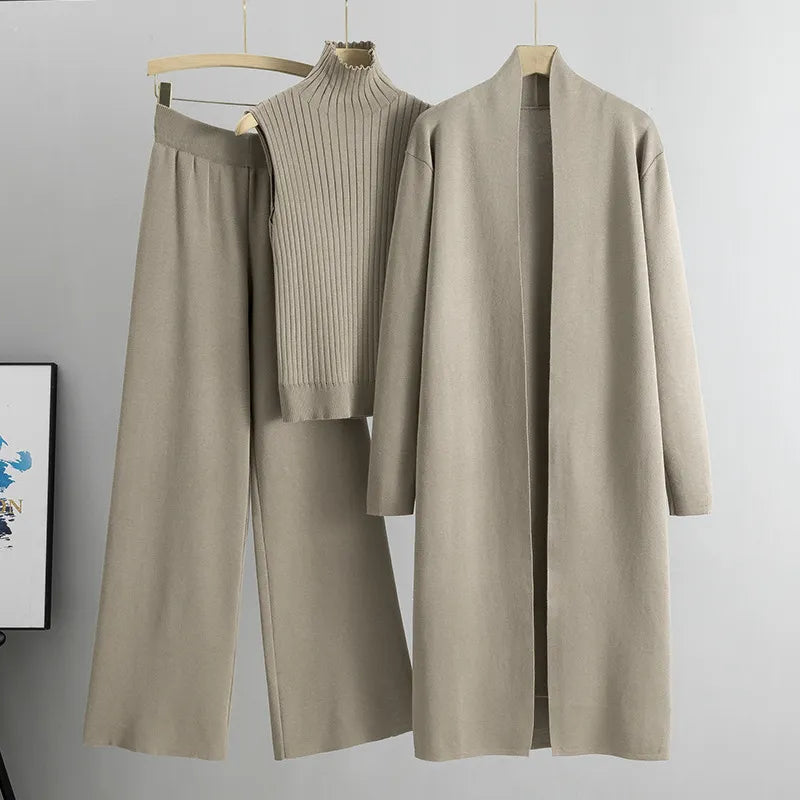 Ensemble 3 pièces pour femme : Gilet en tricot, Cardigan long et Pantalon à jambe large
