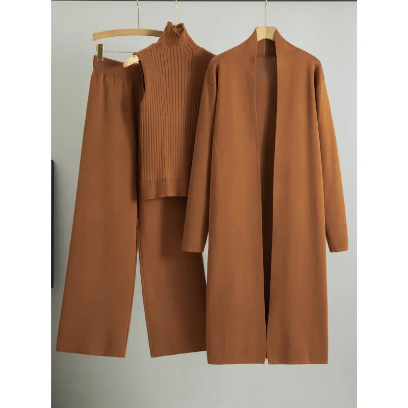 Ensemble 3 pièces pour femme : Gilet en tricot, Cardigan long et Pantalon à jambe large