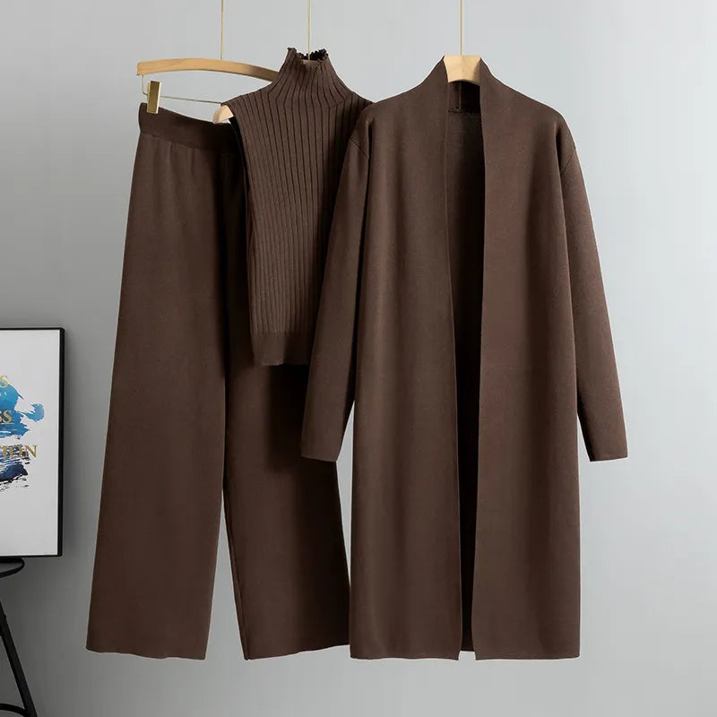Ensemble 3 pièces pour femme : Gilet en tricot, Cardigan long et Pantalon à jambe large