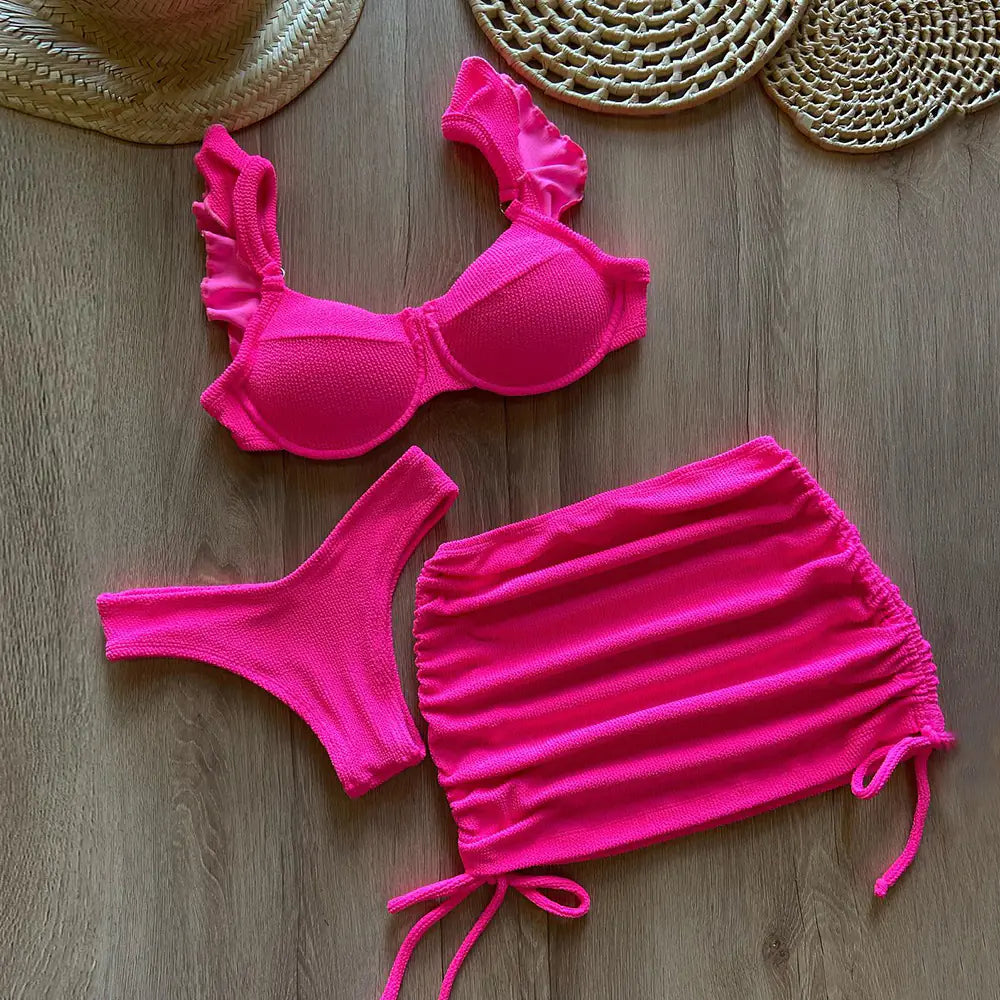 Ensemble Bikini Trois Pièces Uni pour Femme