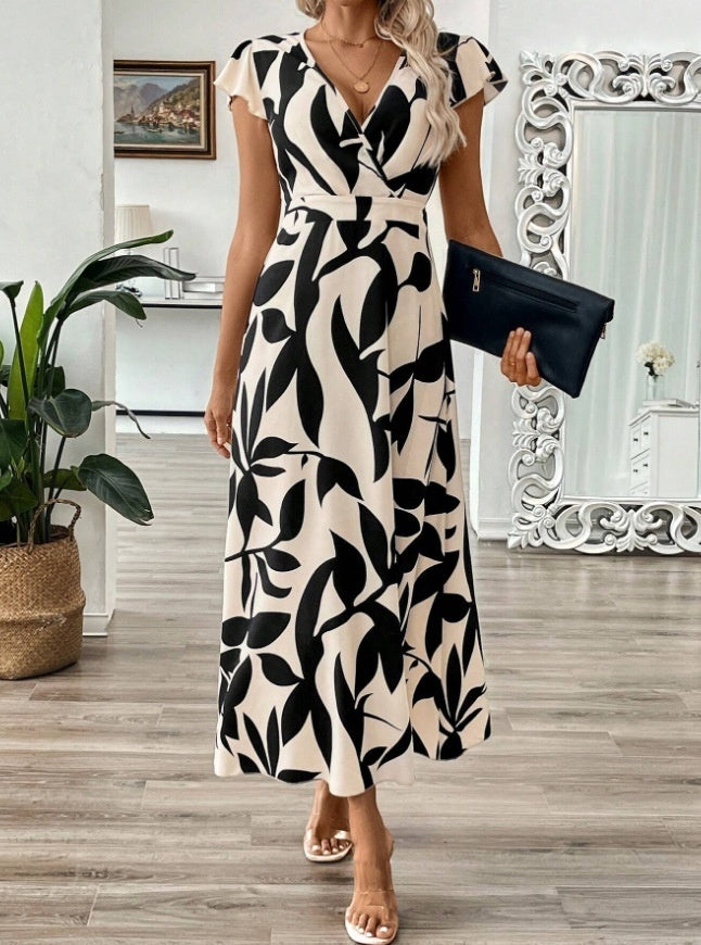 Robe longue d'été pour femme, élégante, à imprimé, col en V et manches courtes à volants.