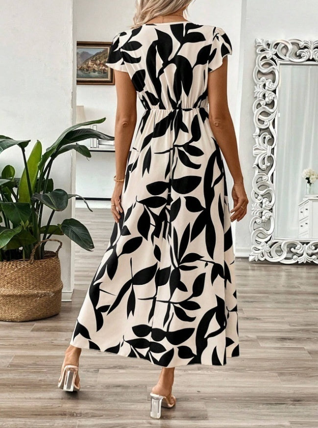 Robe longue d'été pour femme, élégante, à imprimé, col en V et manches courtes à volants.