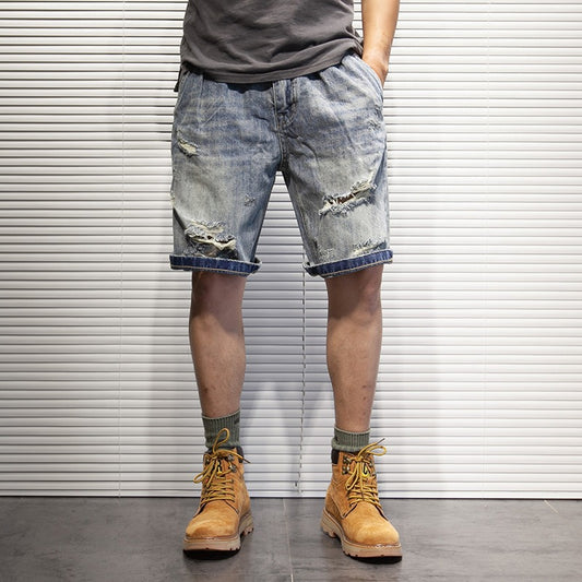 Short en jean déchiré pour homme  Style vintage et décontracté, coupe ample, disponible en grande taille
