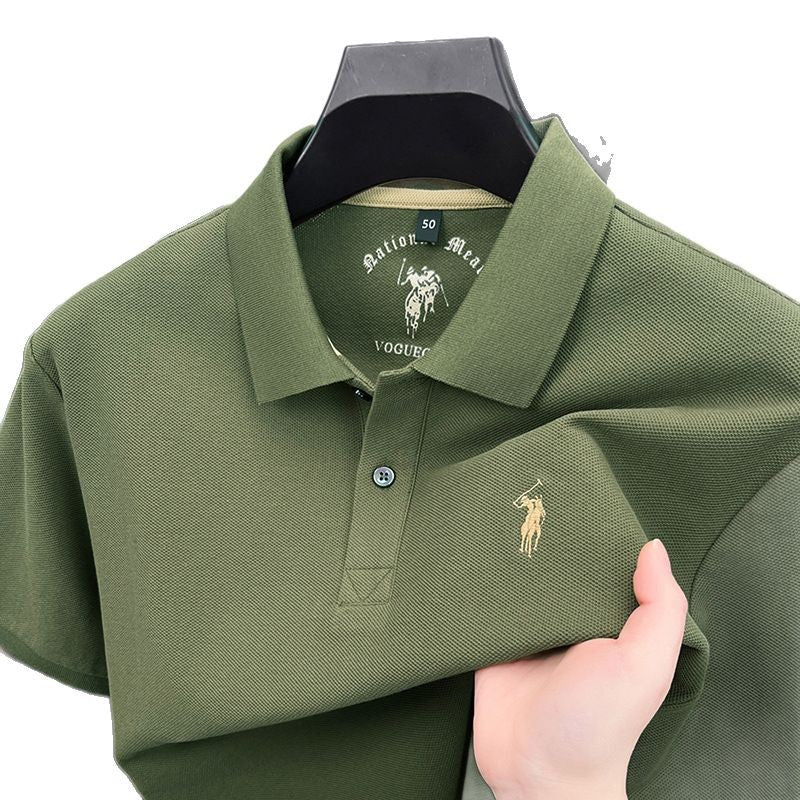 Polo homme en coton pur, manches courtes, col à revers, broderie poney, coupe standard, tissu respirant, modèle estival tendance.