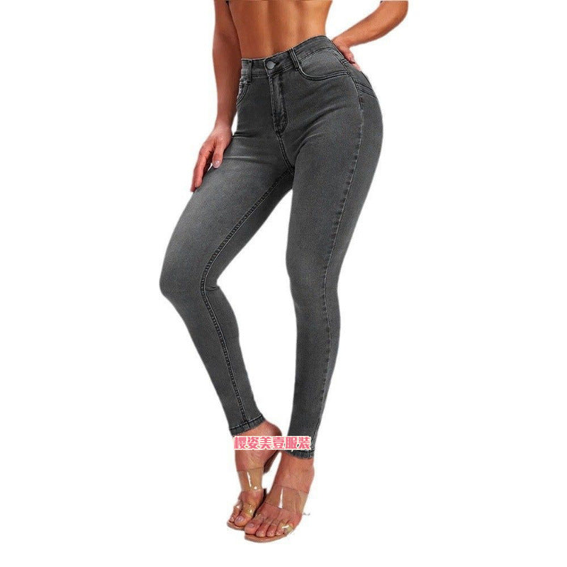 Jean slim gris femme taille haute  coupe moulante extensible, tendance Europe & USA, pantalon skinny élégant