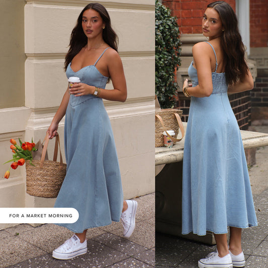 Robe d'été pour femme, style européen et américain, à bretelles, manches originales, coupe fine en imitation jean, look tendance et léger.