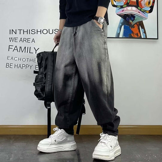 Plus size men's gradient trendy brand new versatile washed cargo jeans men's loose and fat wide-leg pants