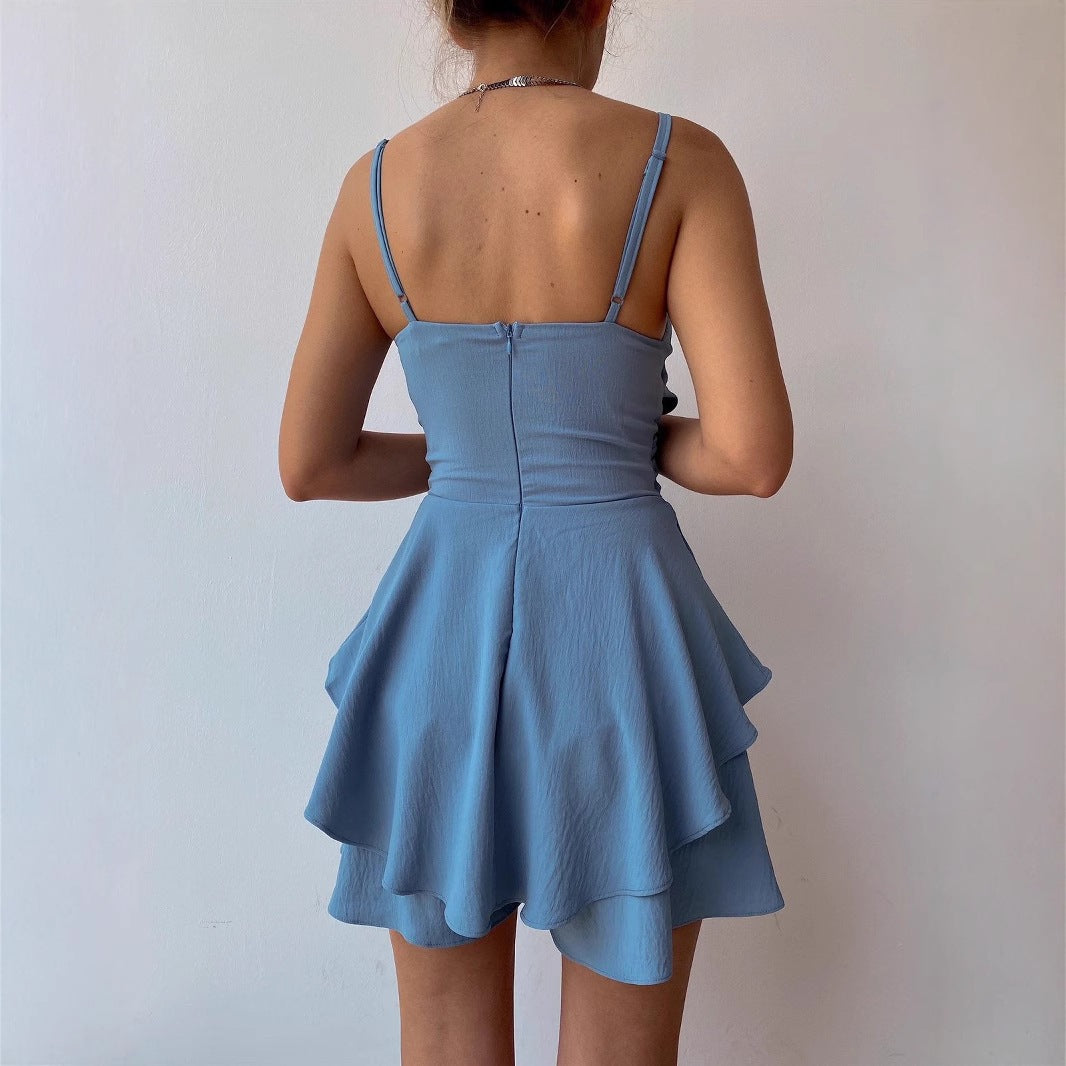Combinaison d'été pour femme, style européen et américain, couleur unie, à bretelles avec fermeture éclair, modèle tendance.