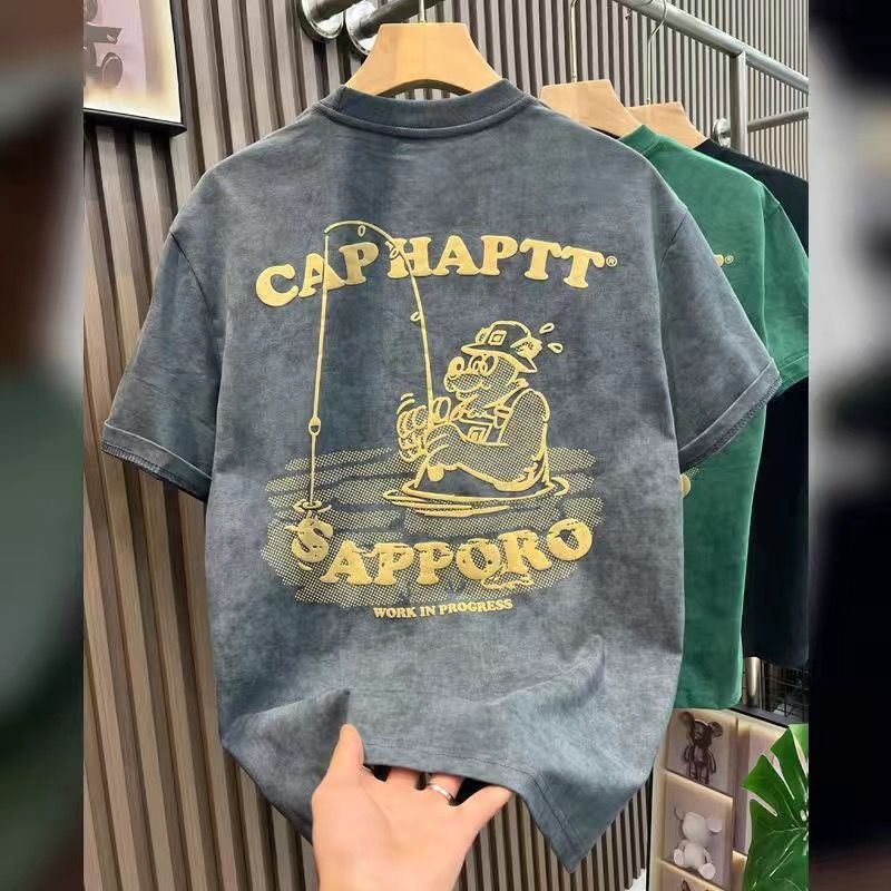 T-shirt homme en coton épais  manches courtes, imprimé vintage, coupe ample, style haut de gamme