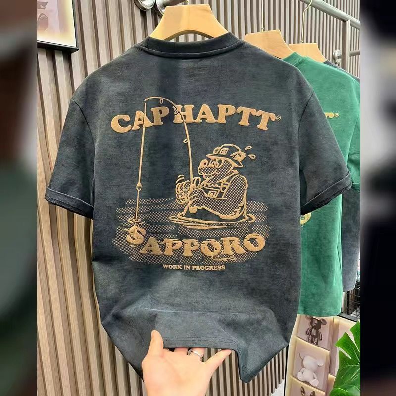 T-shirt homme en coton épais  manches courtes, imprimé vintage, coupe ample, style haut de gamme