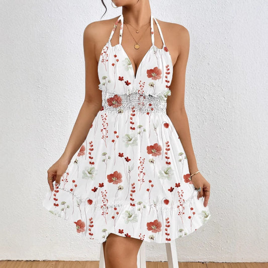 Robe femme imprimée, style européen et américain, coupe sexy avec bretelles fines et col halter.
