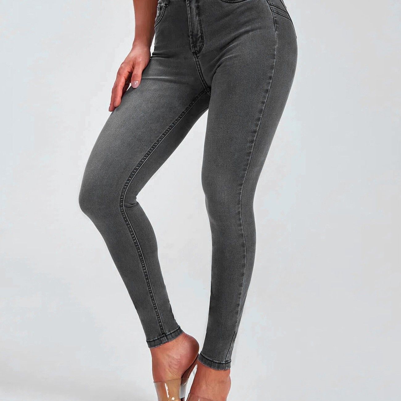 Jean slim gris femme taille haute  coupe moulante extensible, tendance Europe & USA, pantalon skinny élégant