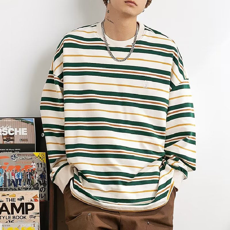 T-shirt à manches longues rayé en coton pour homme  Style décontracté, idéal comme haut ou sous-couche