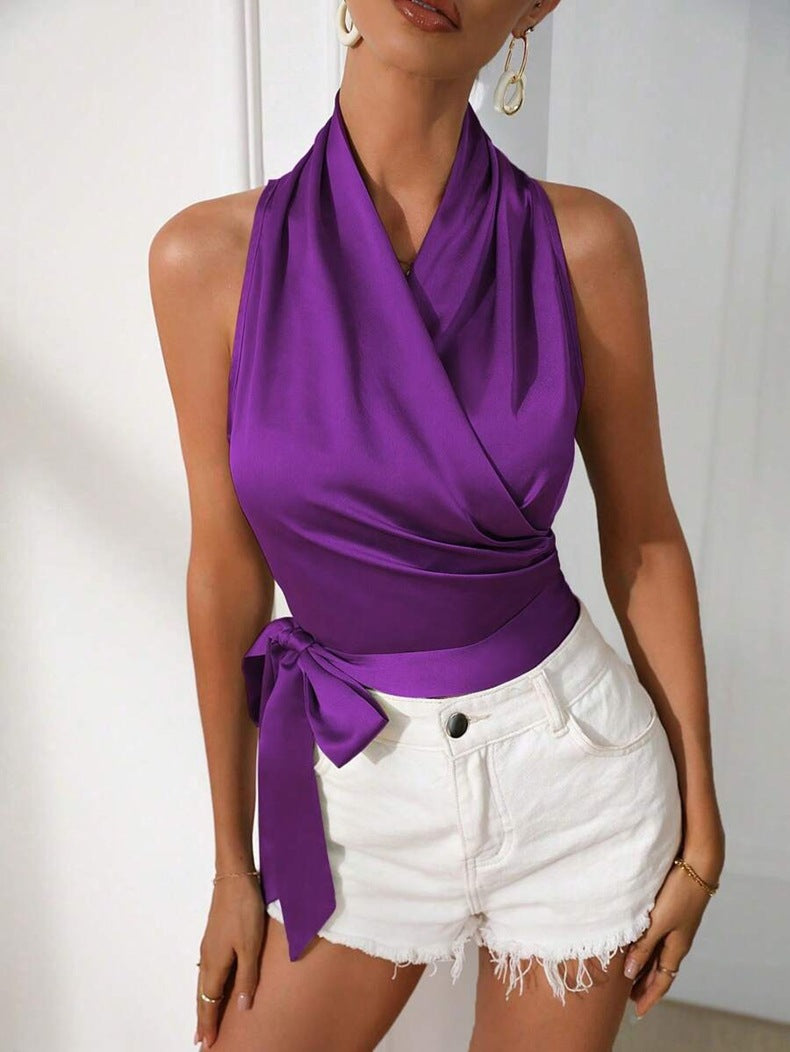 Chemisier Satiné Sans Manches Femme  Dos Nu & Lacets