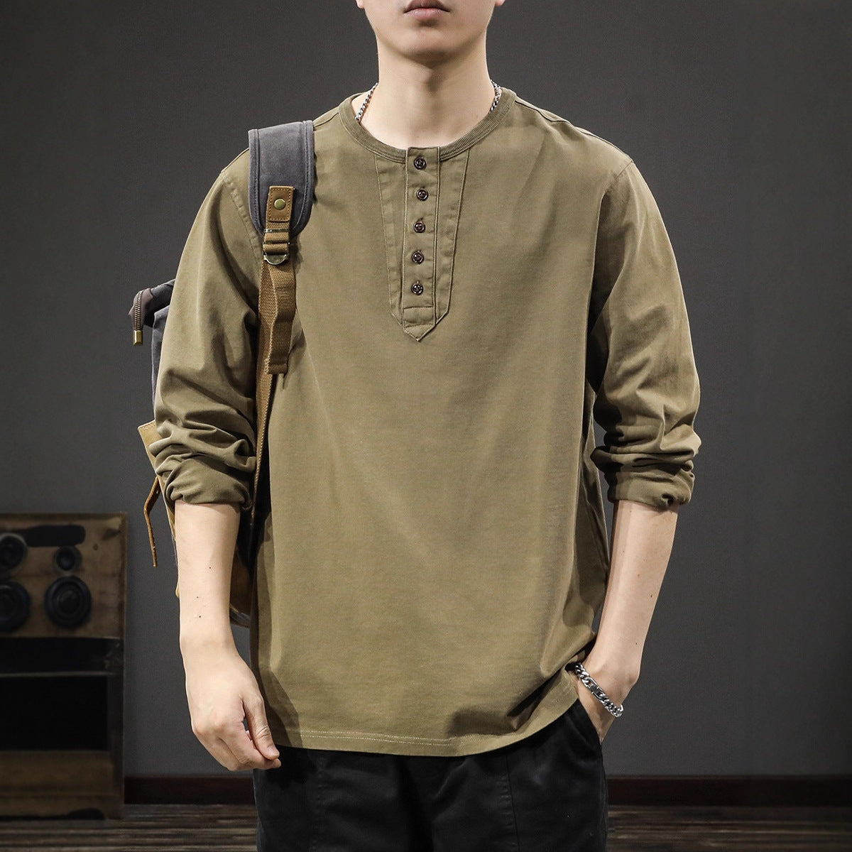 T-shirt à manches longues pour homme  En coton léger, coupe ample, col Henley, style décontracté et tendance