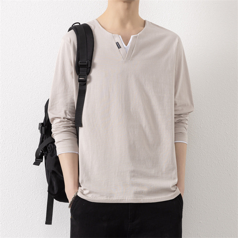 T-shirt col V à manches longues pour homme  Effet 2-en-1, 100 % coton, style décontracté et moderne