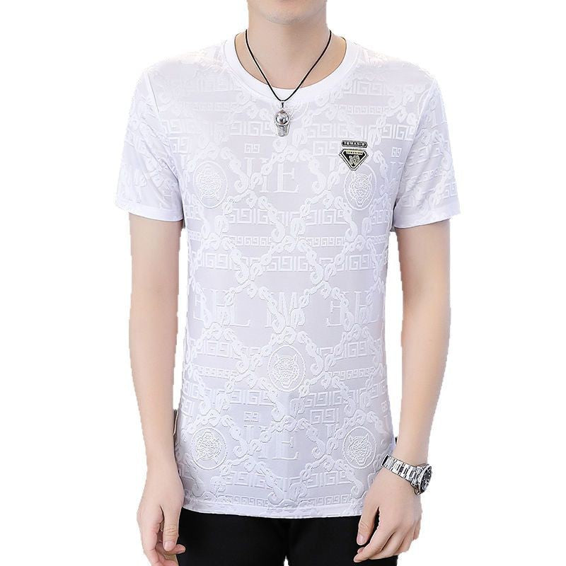 T-shirt homme en soie glacée  manches courtes, coupe ajustée, respirant, motif jacquard discret