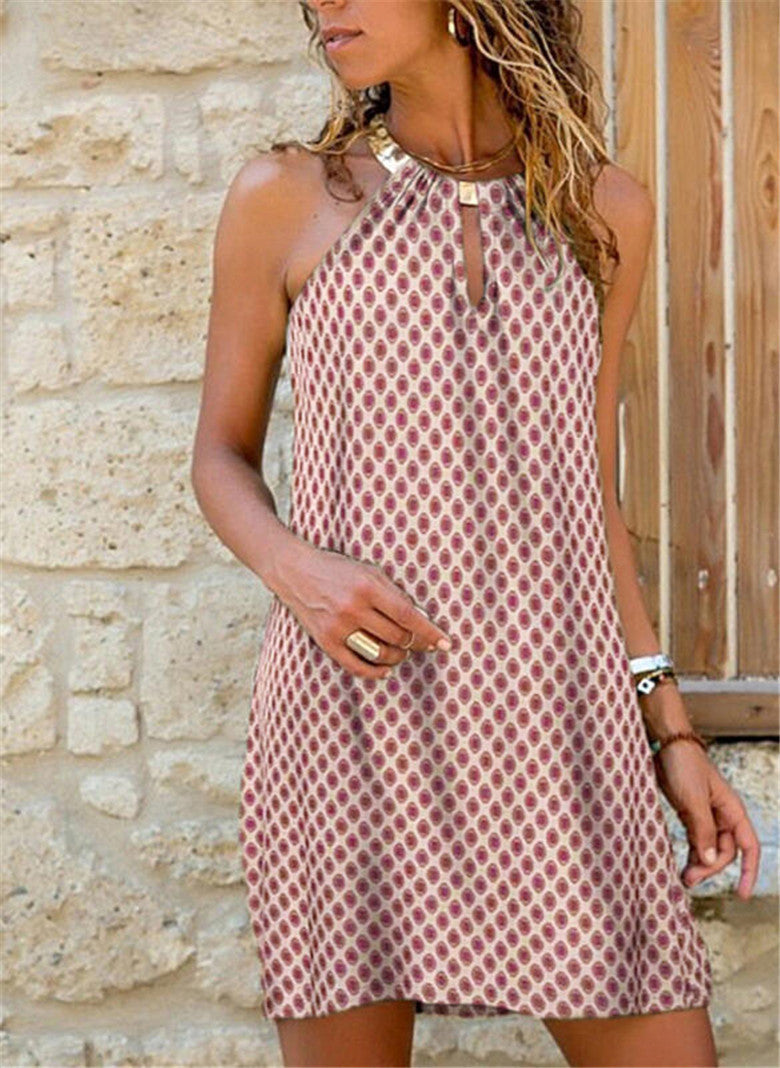 Robe ample sans manches à col halter métallique imprimé, nouvelle collection printemps-été, style européen et américain, vêtement féminin très tendance.