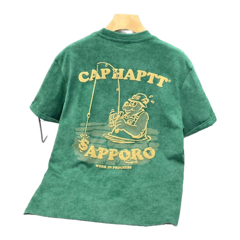 T-shirt homme en coton épais  manches courtes, imprimé vintage, coupe ample, style haut de gamme
